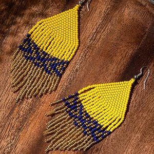 Big Yellow Gold Blue Bronze Bohemian Beaded Festival Earrings Tassel Fringe New